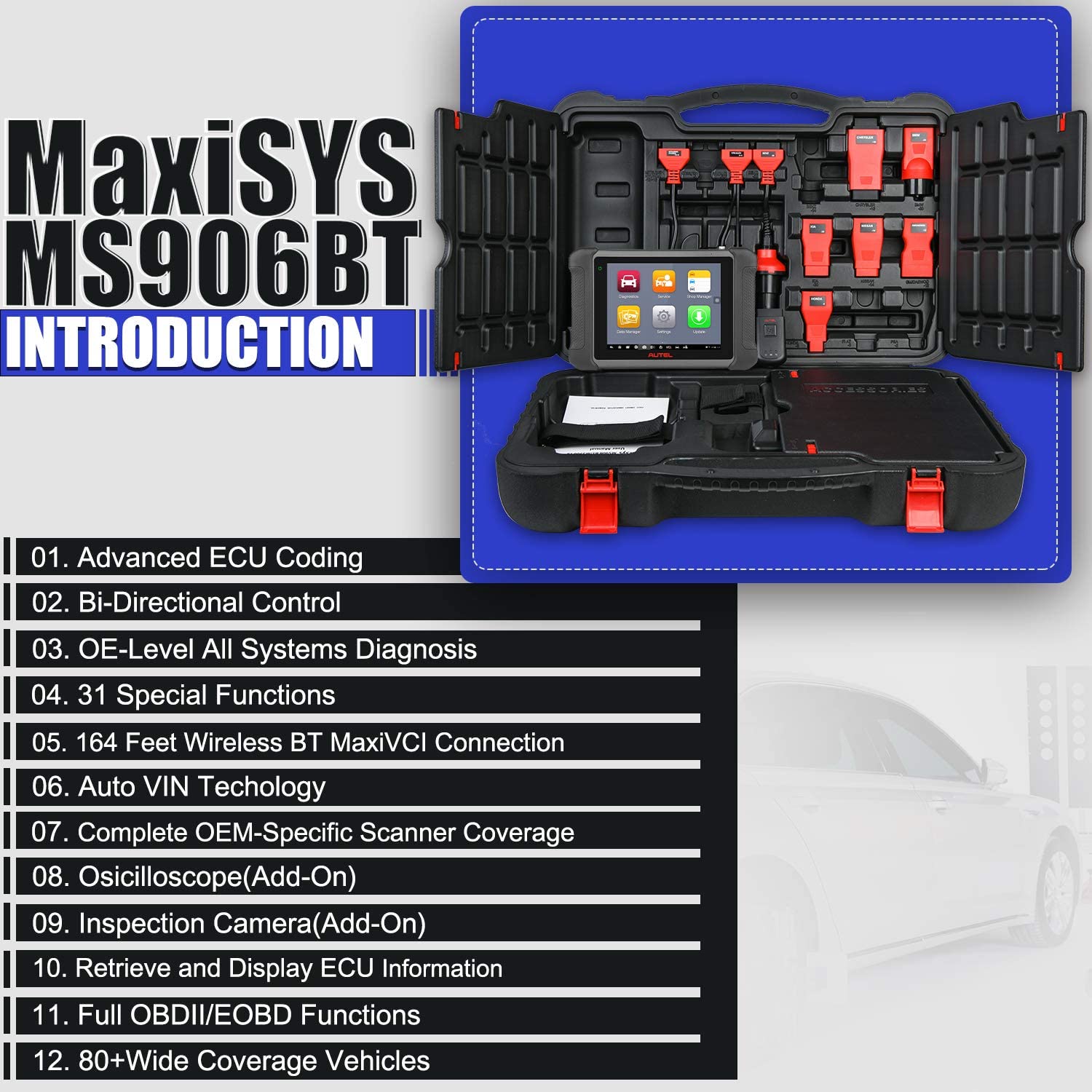Autel MaxiSys MS906BT Automotive Scan Tool Diagnostic Scanner Advanced ECU Coding Full Bi-Directional Control All Systems Diagnosis