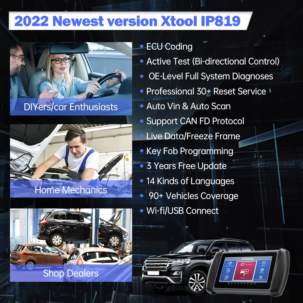 XTOOL IP819 All System Automotive Diagnostic Scan Tools ECU Coding 30+ Services Bi-Directional Controls Full Diagnostics