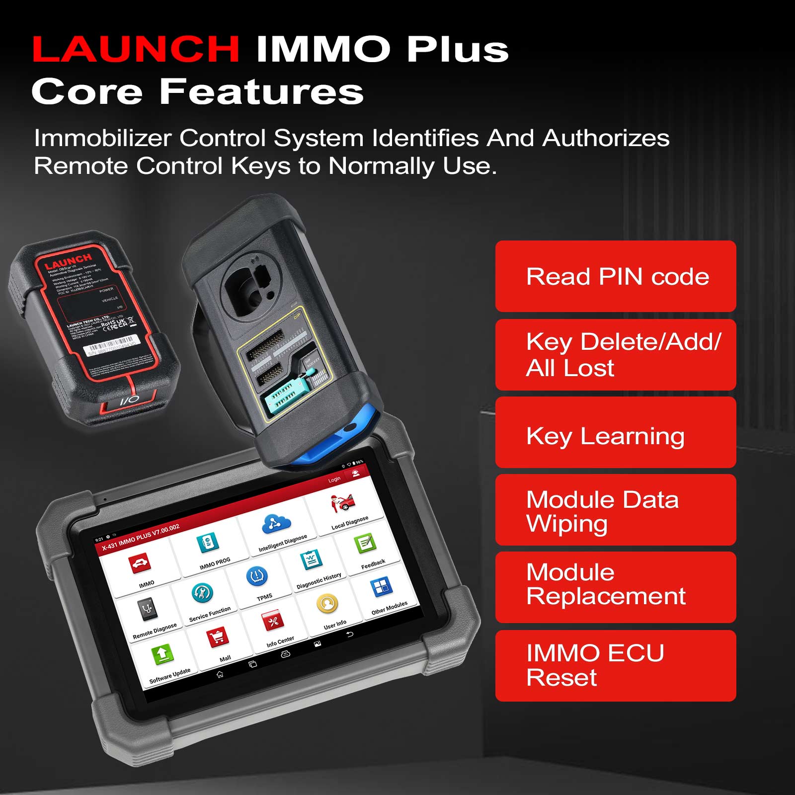 Launch X431 IMMO Plus Key Programmer 3-in-1 IMMO Clone Diagnostic Tool Supports ECU Coding and 39 Special Functions